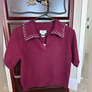 NWT Song of Style Knit Soft Burgundy Top with Studded Collar Women’s Size Small